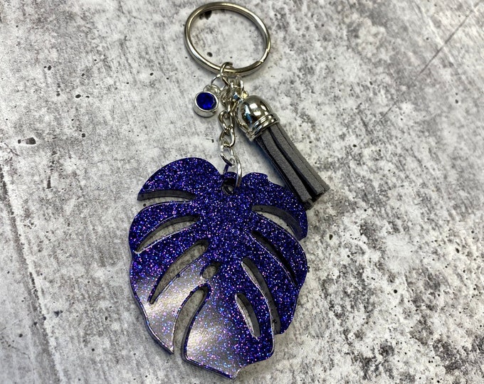 Purple Glitter Monstera Leaf Keychain