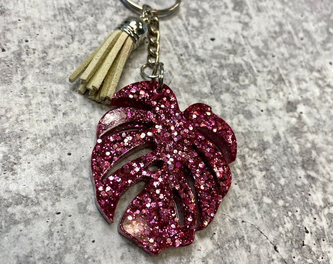 Pink Glitter Monstera Leaf Keychain