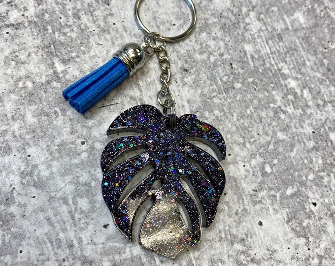 Black Glitter Monstera Leaf Keychain