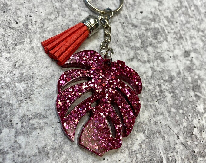 Pink Glitter Monstera Leaf Keychain