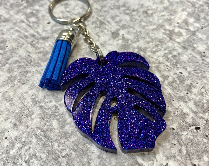 Purple Glitter Monstera Leaf Keychain