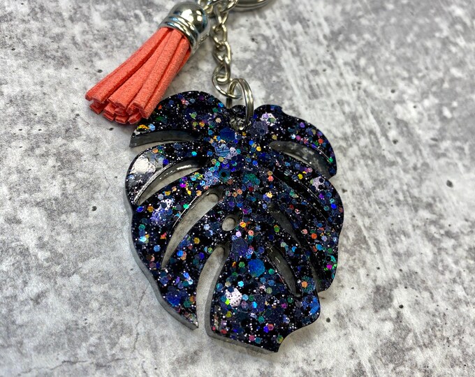 Black Glitter Monstera Leaf Keychain