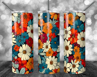 Retro Flowers Pattern Dark | 20oz Sublimation Tumbler  | 9.3 x 8.2” Straight Skinny Tumbler Wrap | PNG Digital Download | Sublimation