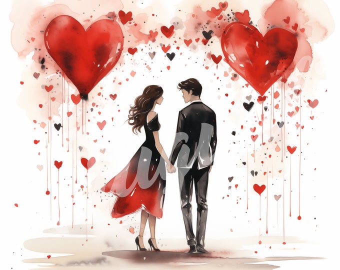 Watercolor Valentines Day Couple, Couple, Valentines Day Clipart, V-Day - Printable Watercolor Clipart, High Quality JPG Download