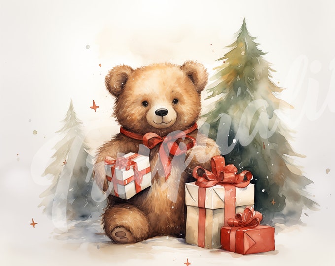 Cute Bear with Presents JPG, Christmas Clipart - Printable Clipart, High Quality JPG Download, Bear with Christmas Presents, Watercolor