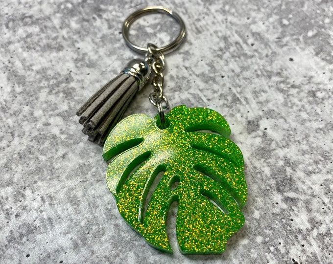 Green Glitter Monstera Leaf Keychain