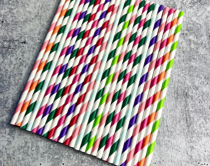 JUNE CLEARANCE - Colorful Paper Straws - Set of 25 - Spring | Easter | Drinking Straws - u16