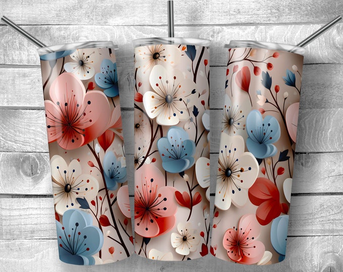 Flower Pattern | 20oz Sublimation Tumbler  | 9.3 x 8.2” Straight Skinny Tumbler Wrap | PNG Digital Download | Sublimation | Blue
