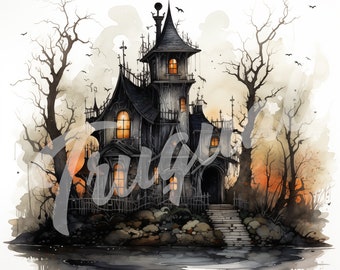 Watercolor Haunted House JPG, Halloween Clipart - Printable Clipart, High Quality JPG Download