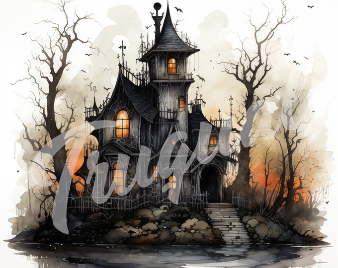 Watercolor Haunted House JPG, Halloween Clipart - Printable Clipart, High Quality JPG Download