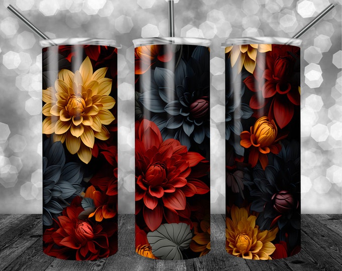 Flower Pattern | 20oz Sublimation Tumbler  | 9.3 x 8.2” Straight Skinny Tumbler Wrap | PNG Digital Download | Sublimation | Dark