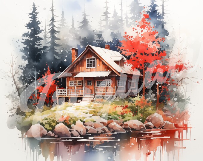 Watercolor Cabin on a Lake JPG, Flag Clipart - Printable Clipart, High Quality JPG Download