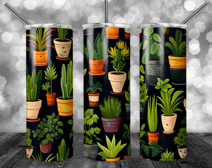 Houseplants Pattern Dark | 20oz Sublimation Tumbler  | 9.3 x 8.2” Straight Skinny Tumbler Wrap | PNG Digital Download | Sublimation -