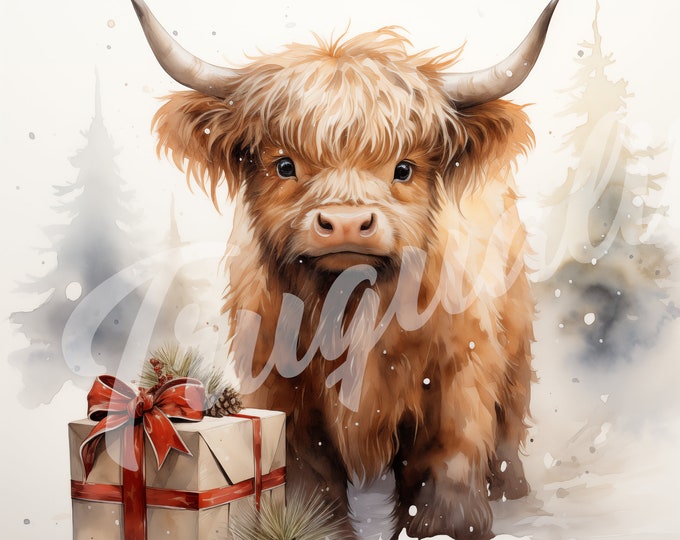 Highland Cow JPG, Christmas Clipart - Printable Clipart, High Quality JPG Download, Cow with Christmas Presents