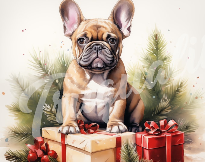 French Bulldog JPG, Christmas Clipart - Printable Clipart, High Quality JPG Download, Frenchie with Christmas Presents -