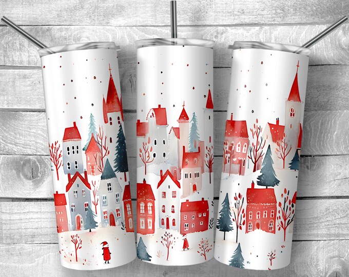 Snow Covered Christmas Village | 20oz Sublimation Tumbler  | 9.3 x 8.2” Straight Skinny Tumbler Wrap | PNG Digital Download | Sublimation |