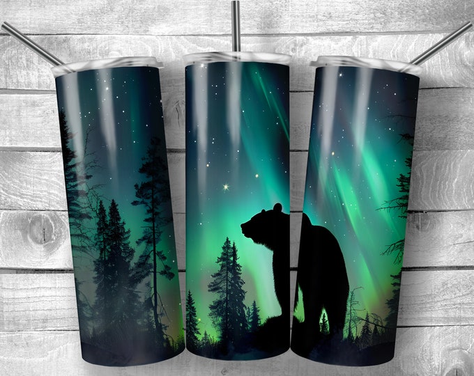 Northern Lights Bear | 20oz Sublimation Tumbler  | 9.3 x 8.2” Straight Skinny Tumbler Wrap | PNG Digital Download | Sublimation