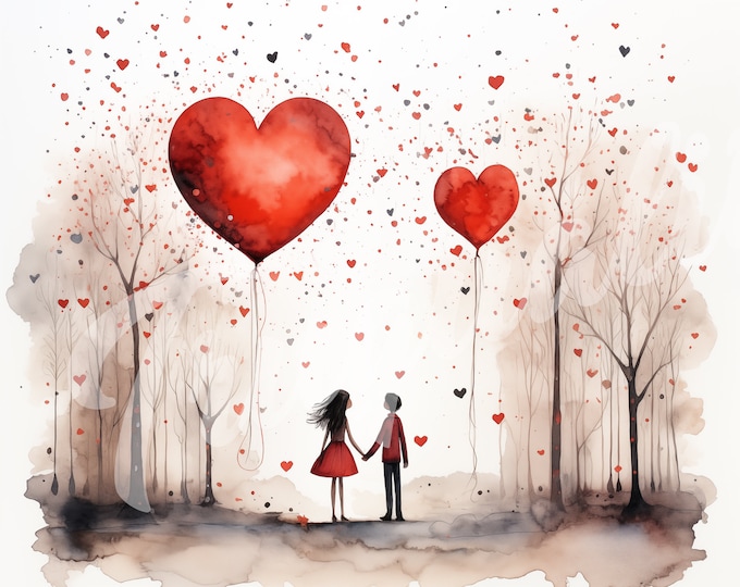 Watercolor Valentines Day Couple JPG, Couple, Valentines Day Clipart, Printable Watercolor Clipart, High Quality JPG Download