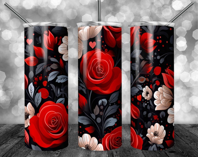 Flower Pattern - Roses | 20oz Sublimation Tumbler  | 9.3 x 8.2” Straight Skinny Tumbler Wrap | PNG Digital Download | Sublimation - Dark