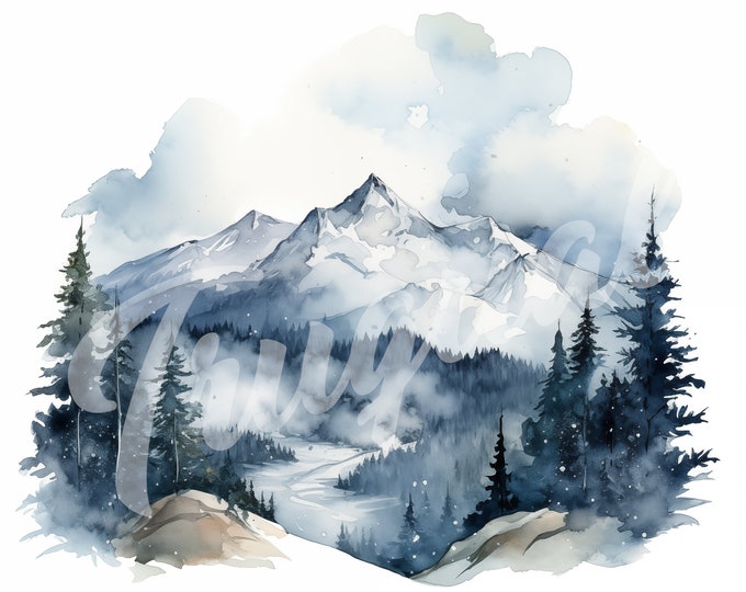 Watercolor Snowy Mountain JPG, Winter Clipart - Printable Clipart, High Quality JPG Download, Snow Covered Mountain