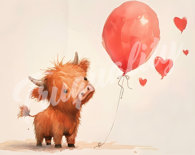 Valentines Day Cow, Cow, Valentines Day Clipart, V-Day - Printable Watercolor Clipart, High Quality JPG Download, Watercolor -