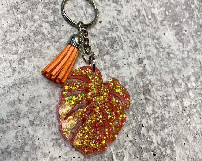 Coral Glitter Monstera Leaf Keychain