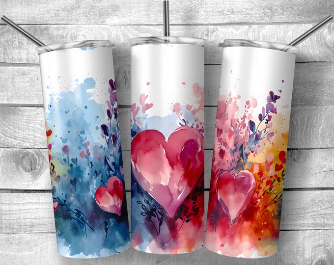 Watercolor Hearts Pattern | 20oz Sublimation Tumbler  | 9.3 x 8.2” Straight Skinny Tumbler Wrap | PNG Digital Download | Sublimation