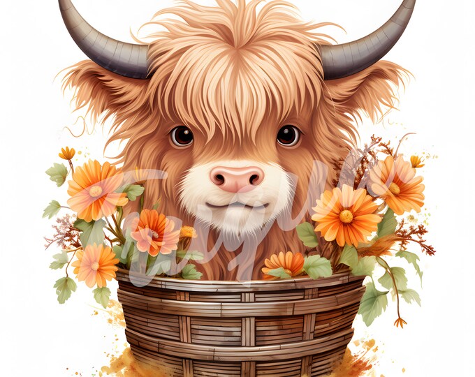 Highland Cow JPG, Clipart - Printable Clipart, High Quality JPG Download, Cow with Flowers
