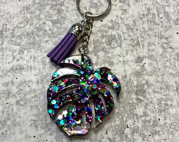 Purple Glitter Monstera Leaf Keychain