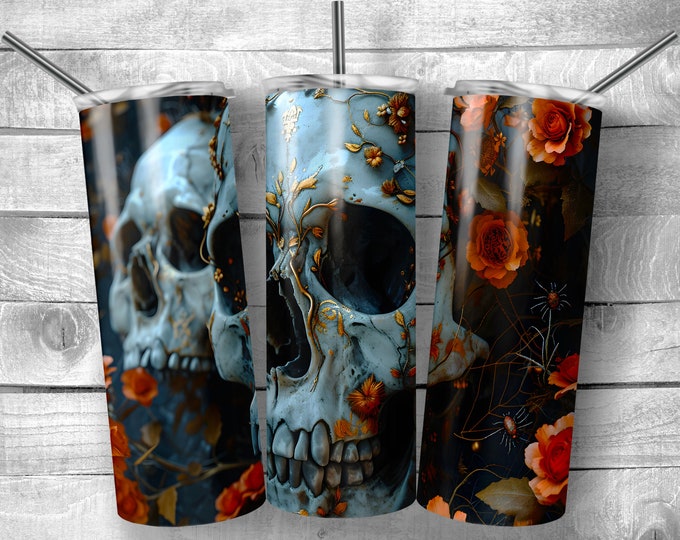 Spooky Skull Orange Flowers | 20oz Sublimation Tumbler  | 9.3 x 8.2” Straight Skinny Tumbler Wrap | PNG Digital Download | Sublimation