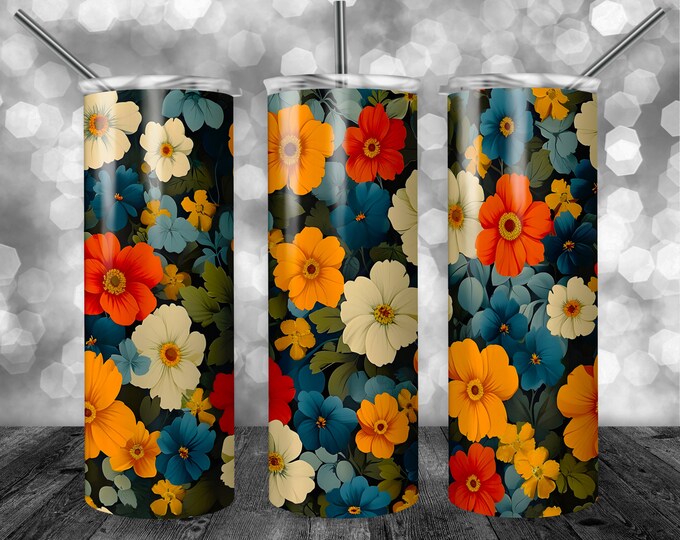 Flower Pattern | 20oz Sublimation Tumbler  | 9.3 x 8.2” Straight Skinny Tumbler Wrap | PNG Digital Download | Sublimation | Dark
