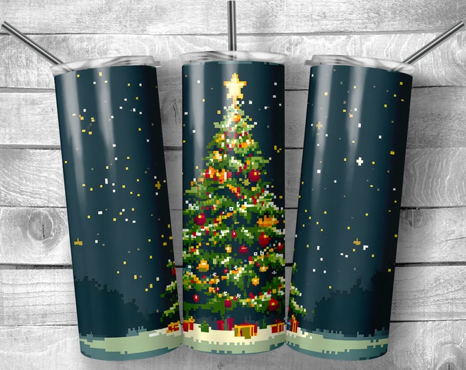Pixel Christmas Tree | 20oz Sublimation Tumbler  | 9.3 x 8.2” Straight Skinny Tumbler Wrap | PNG Digital Download | Sublimation |
