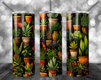 Houseplant Pattern Dark | 20oz Sublimation Tumbler  | 9.3 x 8.2” Straight Skinny Tumbler Wrap | PNG Digital Download | Sublimation -