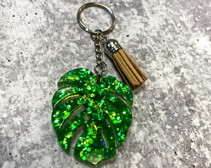 Green Glitter Monstera Leaf Keychain
