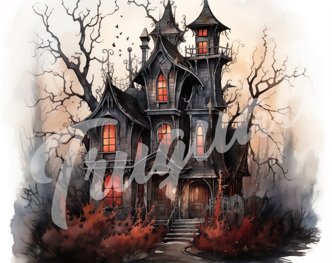 Watercolor Haunted House JPG, Halloween Clipart - Printable Clipart, High Quality JPG Download, Spooky