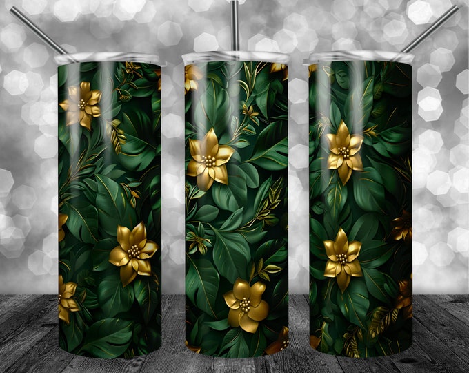 Gold Flower Pattern | 20oz Sublimation Tumbler  | 9.3 x 8.2” Straight Skinny Tumbler Wrap | PNG Digital Download | Sublimation