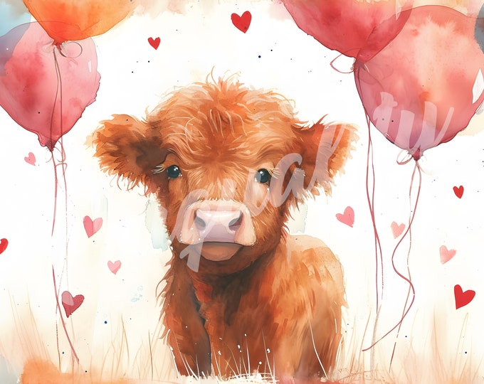 Valentines Day Cow, Cow, Valentines Day Clipart, V-Day - Printable Watercolor Clipart, High Quality JPG Download, Watercolor