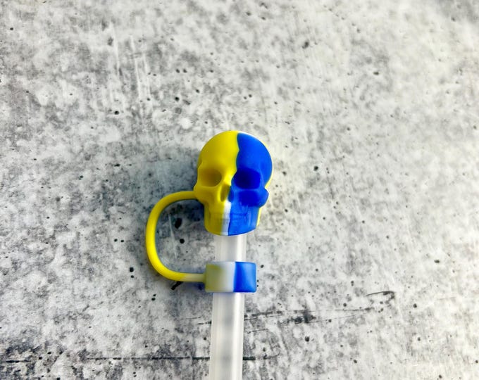 Skull Straw Topper - 10MM Straws - Cute Straw Topper - Spooky, Halloween - blue, yellow, white