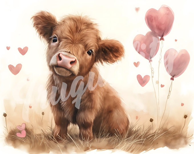 Valentines Day Cow, Valentines Day Clipart, V-Day - Printable Watercolor Clipart, High Quality JPG Download, Watercolor
