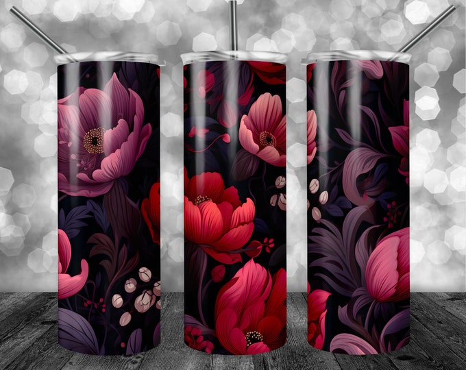 Flower Pattern | 20oz Sublimation Tumbler  | 9.3 x 8.2” Straight Skinny Tumbler Wrap | PNG Digital Download | Sublimation | Purple Pink Red