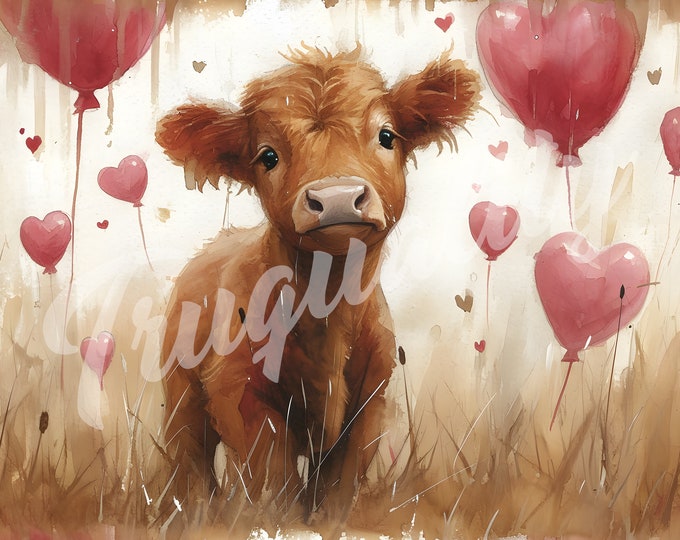 Valentines Day Cow, Cow, Valentines Day Clipart, V-Day - Printable Watercolor Clipart, High Quality JPG Download, Watercolor