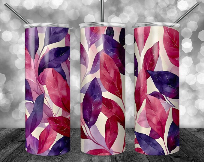 Pink & Purple Leaves | 20oz Sublimation Tumbler  | 9.3 x 8.2” Straight Skinny Tumbler Wrap | PNG Digital Download | Sublimation