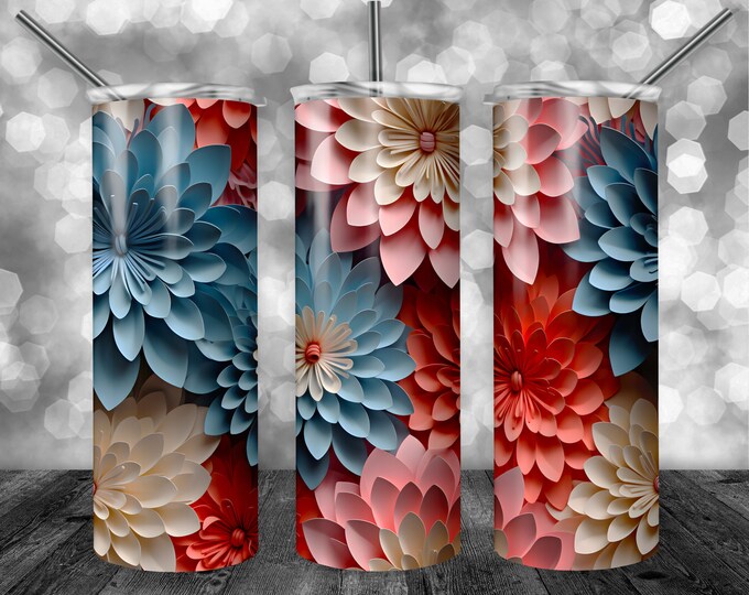 3D Flowers | 20oz Sublimation Tumbler  | 9.3 x 8.2” Straight Skinny Tumbler Wrap | PNG Digital Download | Sublimation