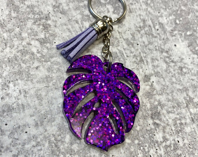 Purple Glitter Monstera Leaf Keychain