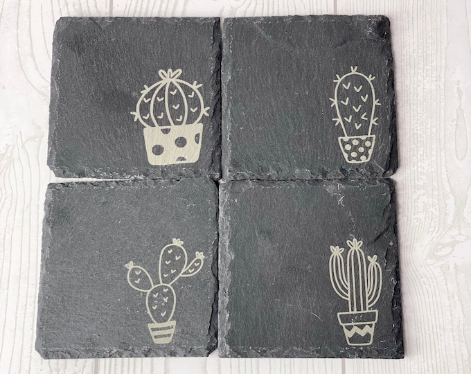 Set of 4 Cactus Themed Slate Coasters | Rustic | Farmhouse | Decor