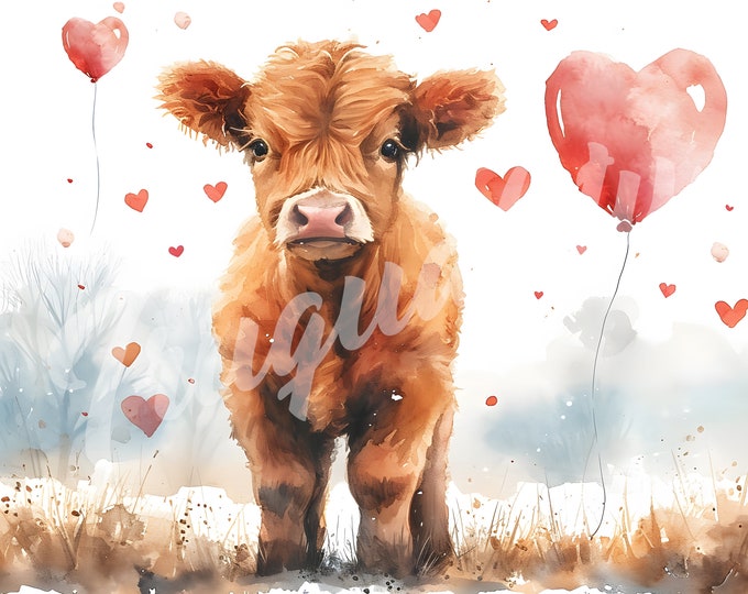Valentines Day Cow, Cow, Valentines Day Clipart, V-Day - Printable Watercolor Clipart, High Quality JPG Download, Watercolor