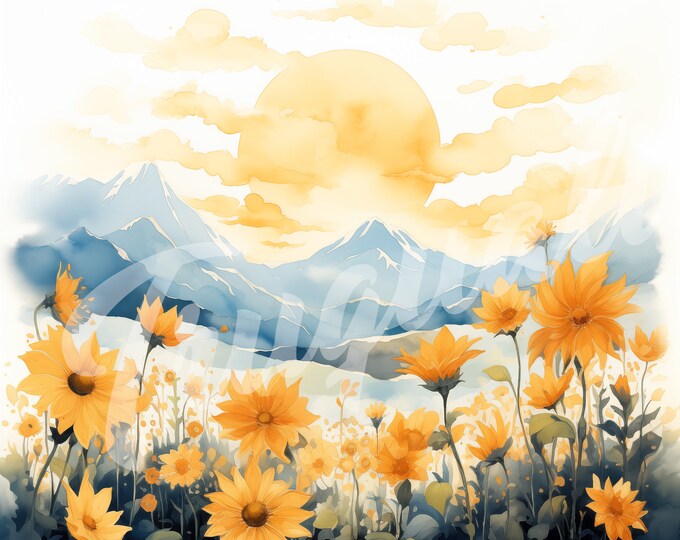 Watercolor Sunny Mountain with Flowers JPG, Mountain Clipart - Printable Clipart, High Quality JPG Download