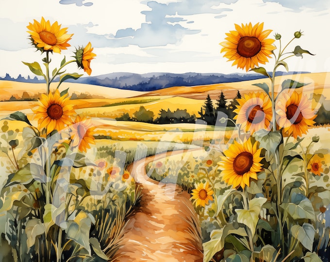 Watercolor Sunny Field with Sunflowers JPG, Mountain Clipart - Printable Clipart, High Quality JPG Download