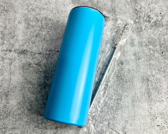 CLEARANCE - 20 Oz Tumbler Blank Skinny Stainless Steel Double Wall With Lid And Straw - 20 oz - Blue - Powder Coated - Custom Powder Coated