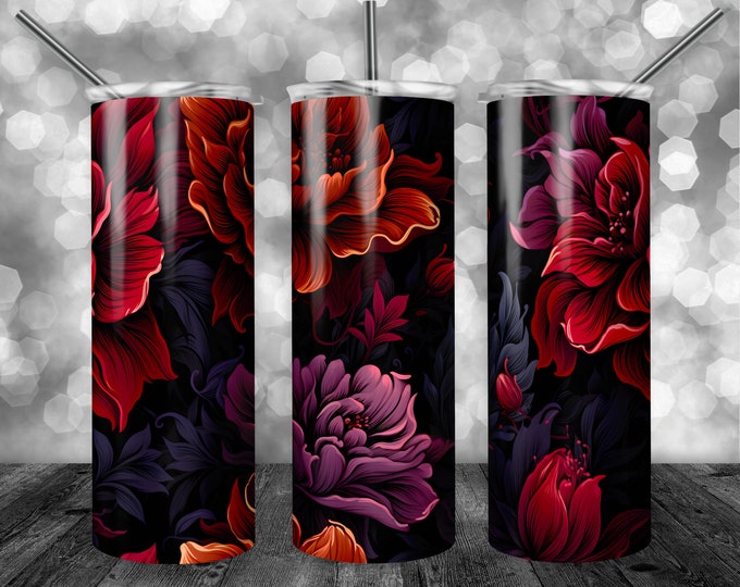 Flower Pattern | 20oz Sublimation Tumbler  | 9.3 x 8.2” Straight Skinny Tumbler Wrap | PNG Digital Download | Sublimation | Purple Orange